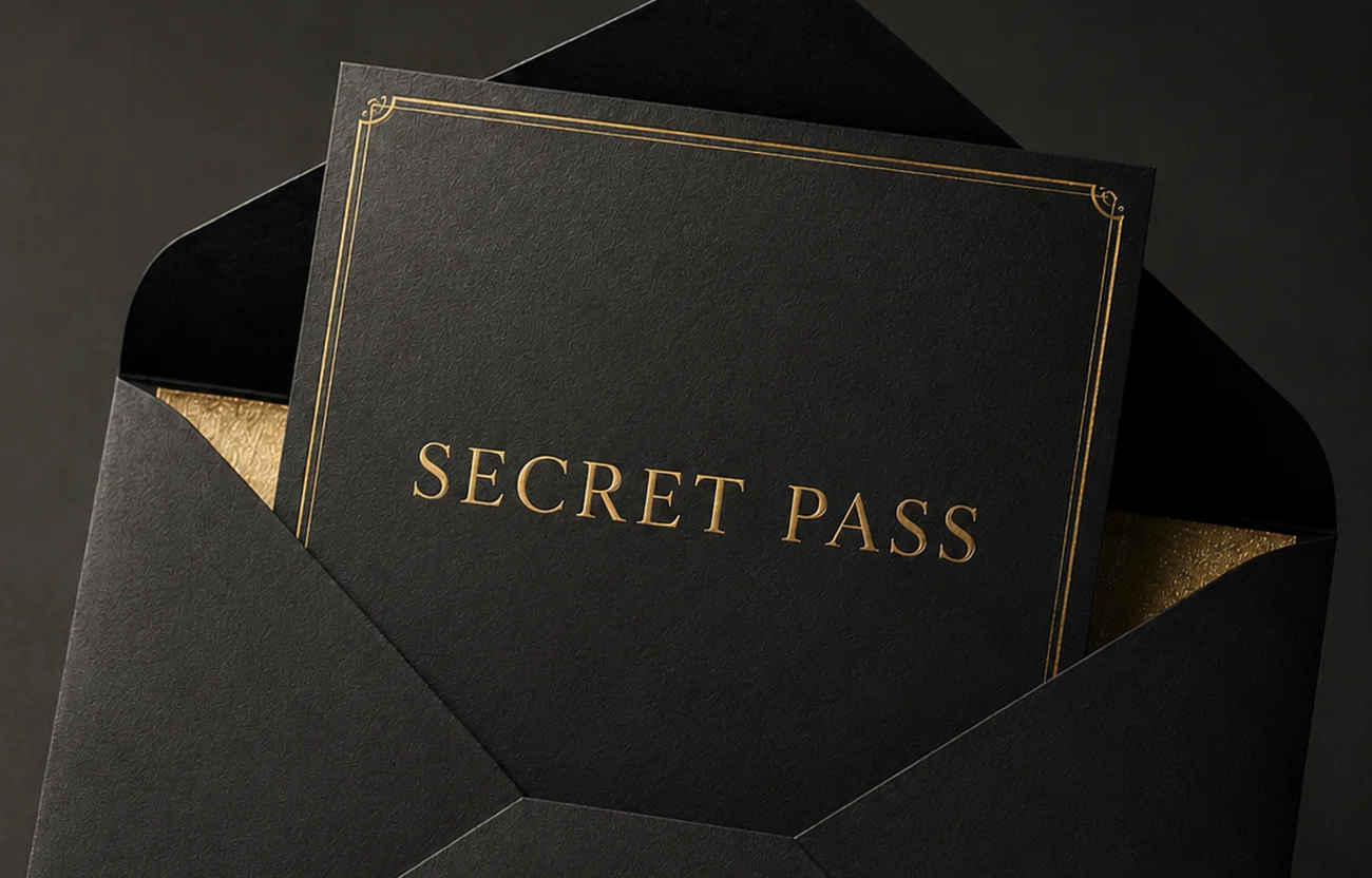 SECRET PASSと箔押しされた封筒とカード