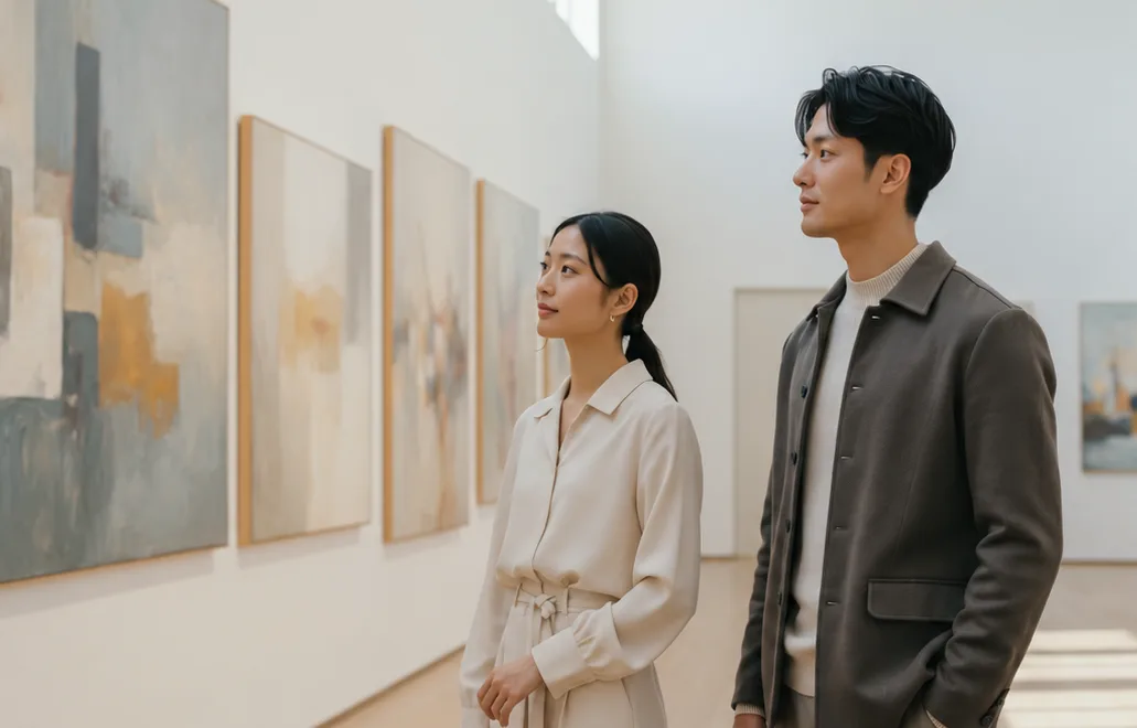 美術館で絵画を鑑賞するカップル